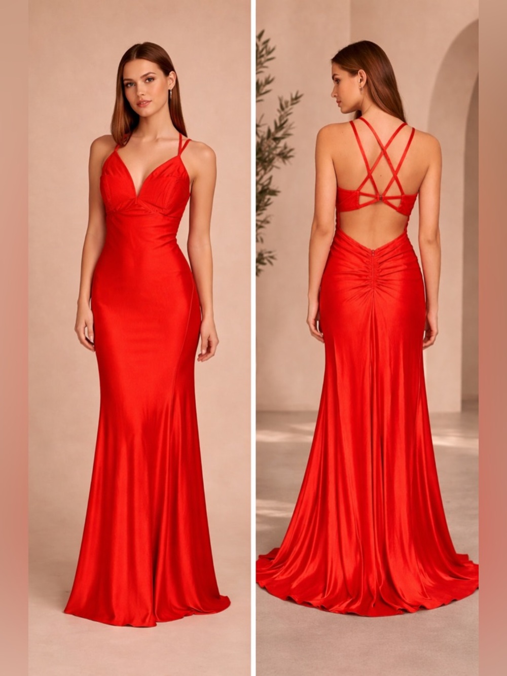 Orangish Red Satin V-Neck Spaghetti Strap Open Back Evening Gown